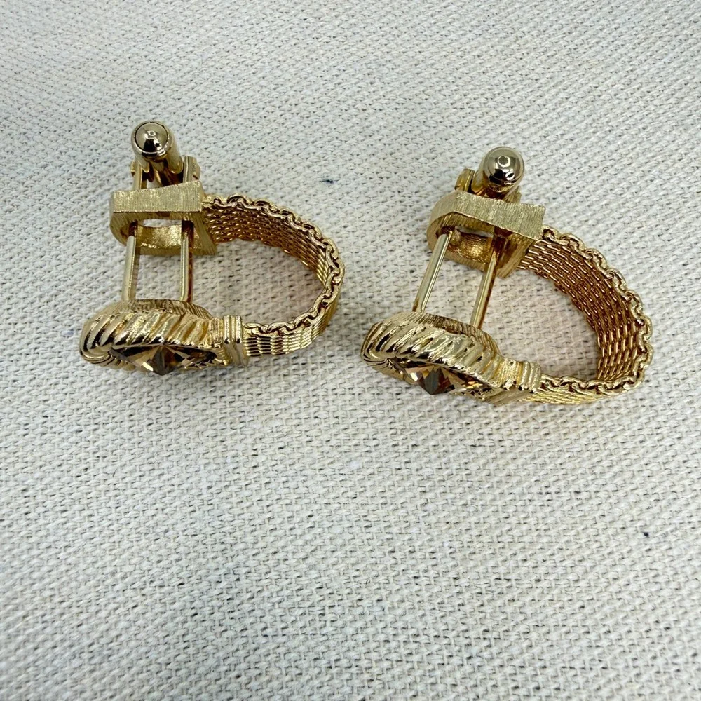 Vintage Swank Mesh Wrap Cufflinks Amber Crystal Rivoli Stone MCM Gold Tone